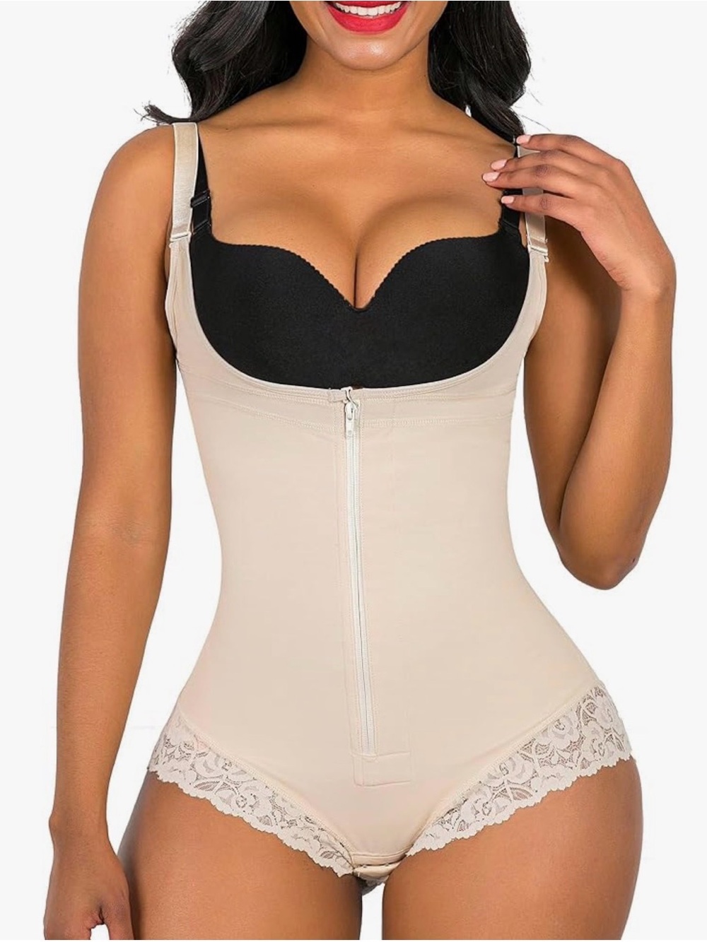 Sculpting High-Waist Beige Bodysuit Shapewear with Front Zip